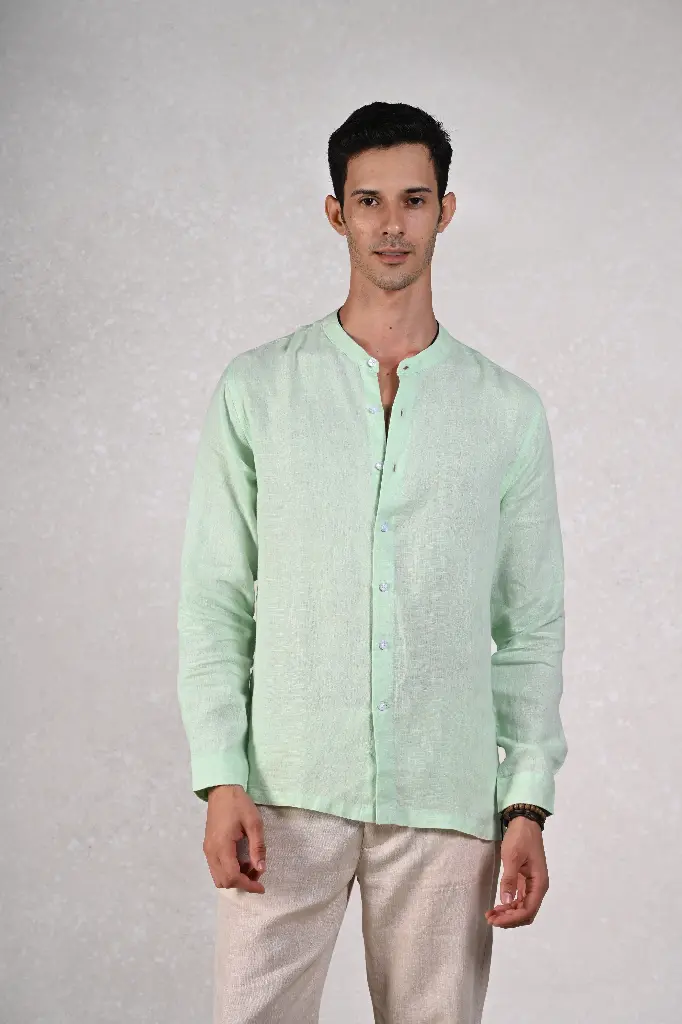 Seascape With Solid Green Linen Shirt