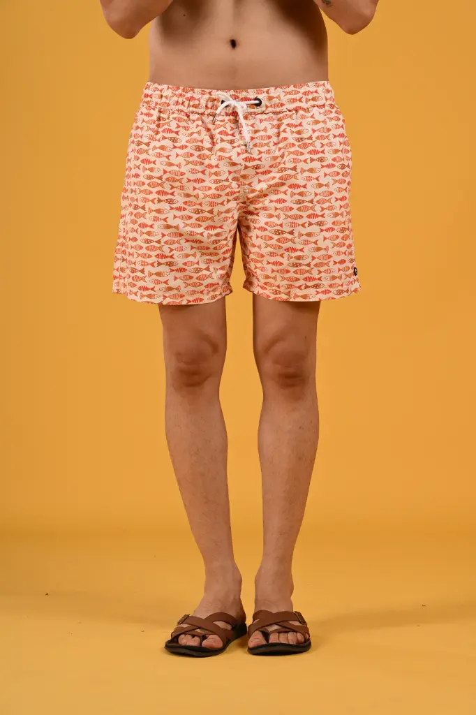 The Daily Catch Orange Fish-Print Swim Shorts