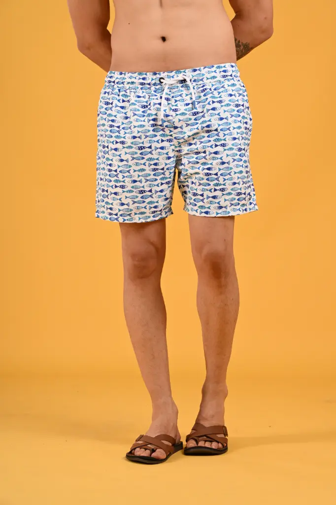 The Daily Catch Multi-Blue Fish-Print Swim Shorts