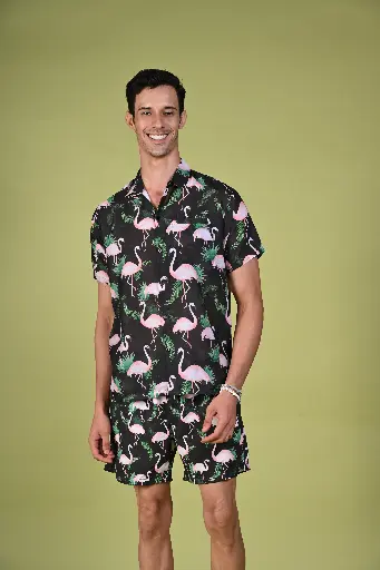 Flamingo Nights Hawaiian Shirt- Black Beauty